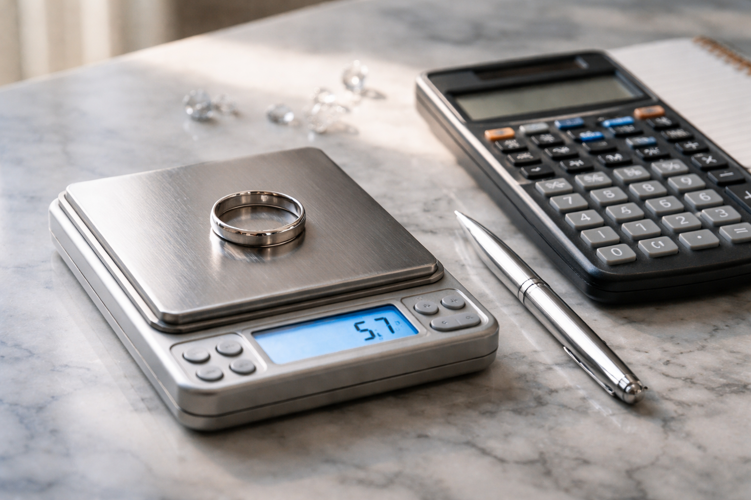 Digital jewellery scales and calculator beside a platinum band