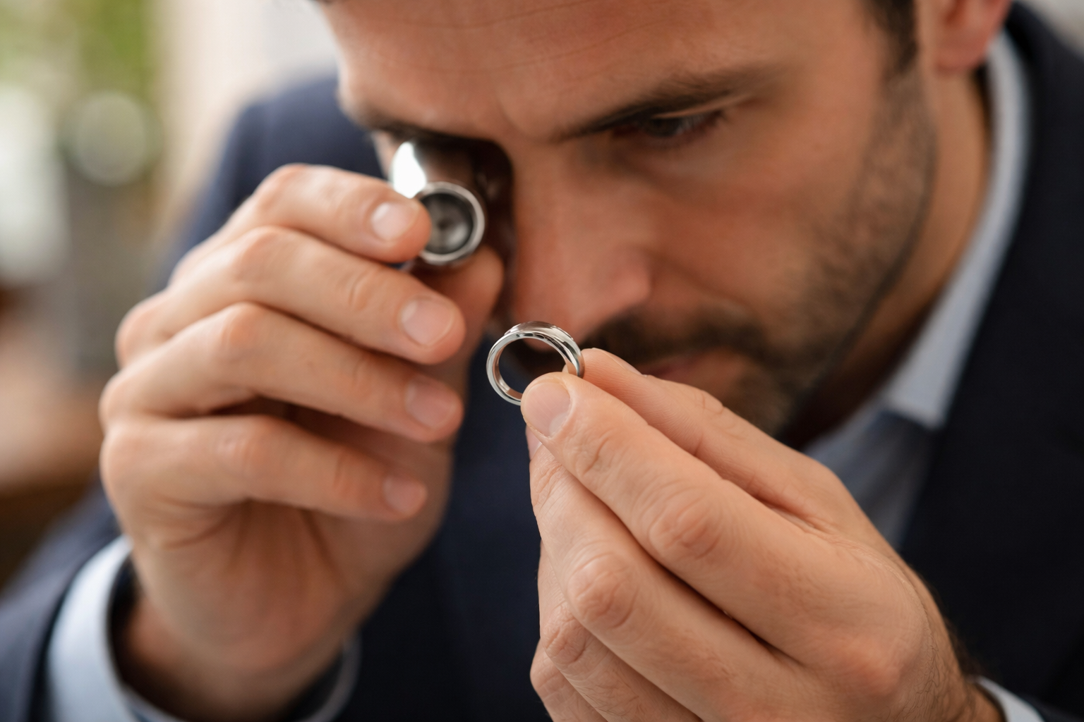 Discreet mobile buyer examining a platinum ring hallmark with a loupe