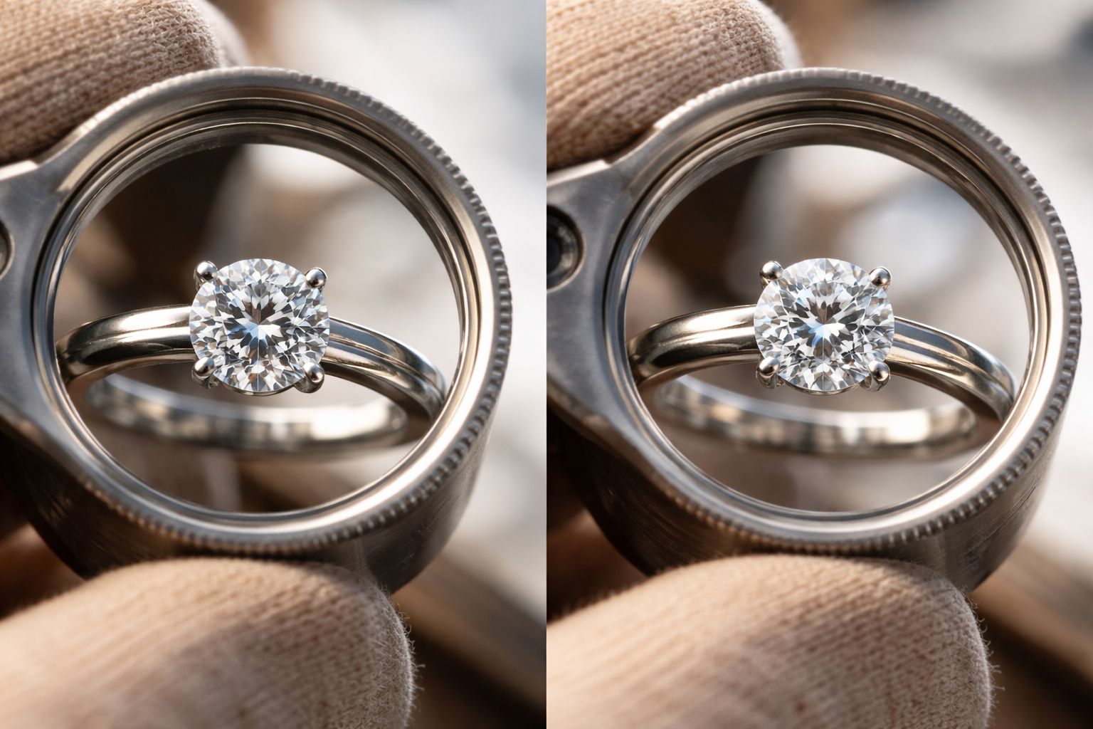 Side-by-side comparison of platinum and white-gold rings under a loupe