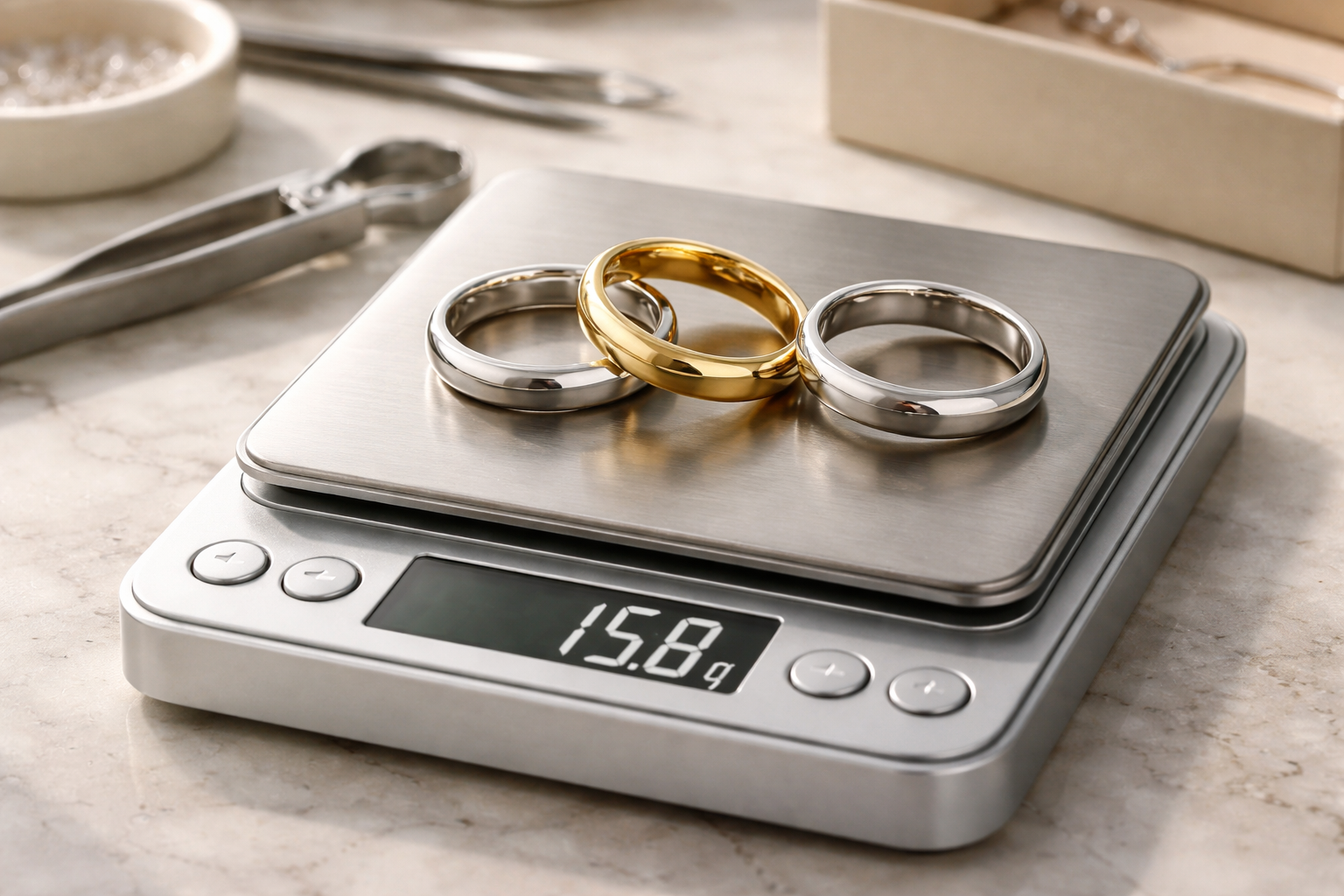 Weighted comparison of white gold, yellow gold and platinum rings on a jeweller’s digital scale