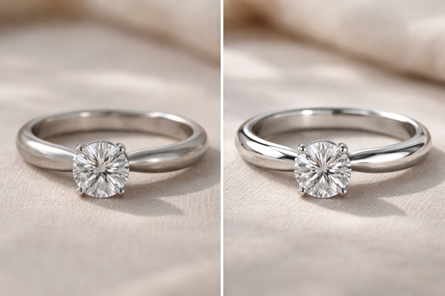 Side-by-side photo of a rhodium-plated white gold ring before and after polishing, highlighting that plating is cosmetic