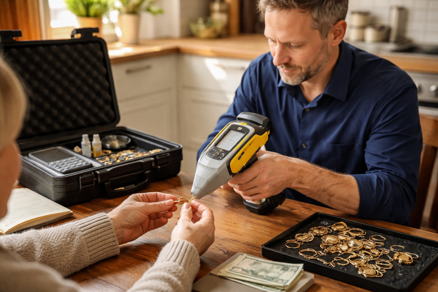A mobile gold buyer testing a white gold ring at a customer’s kitchen table with a portable XRF device