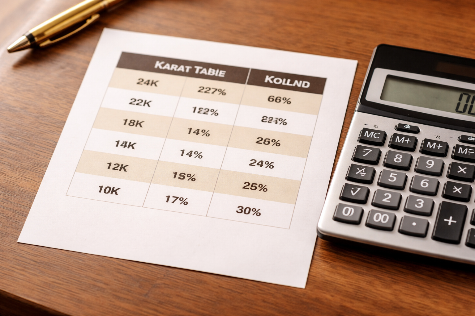 Quick-reference karat table printout next to calculator