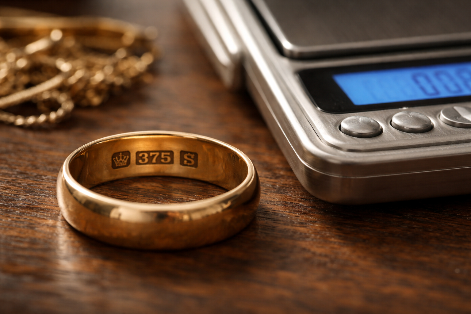 Close-up of UK gold hallmarks on a ring beside a digital scale