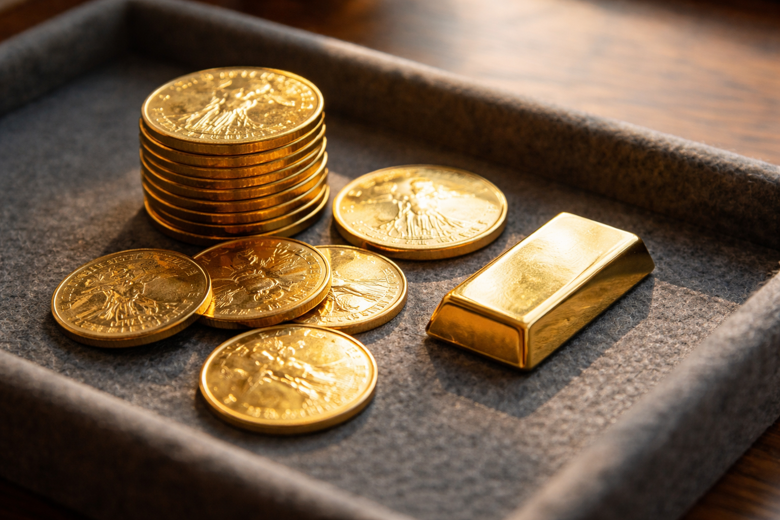 Gold coins and a small bullion bar on a felt tray