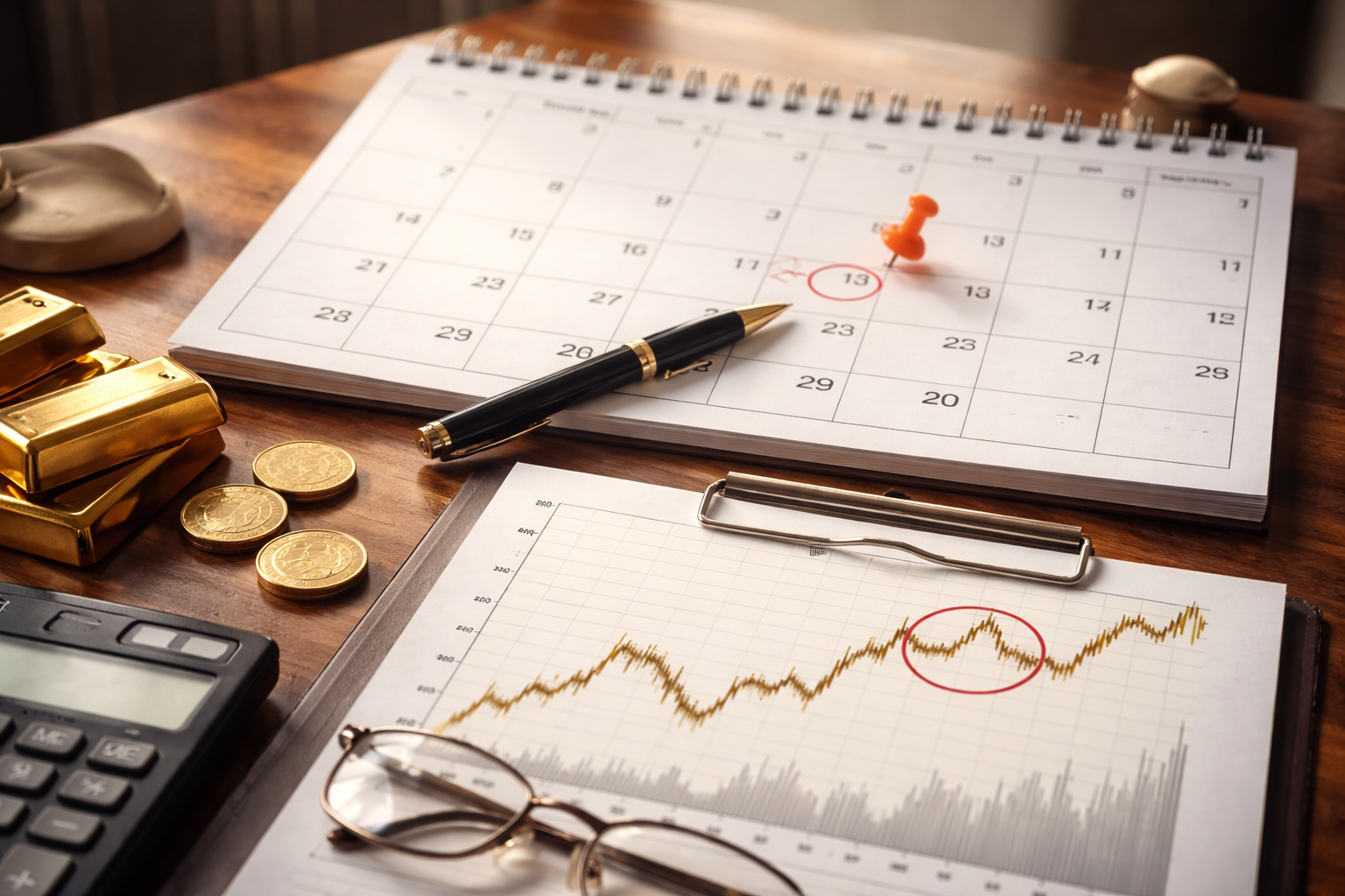 Calendar and gold price graph showing decision timing