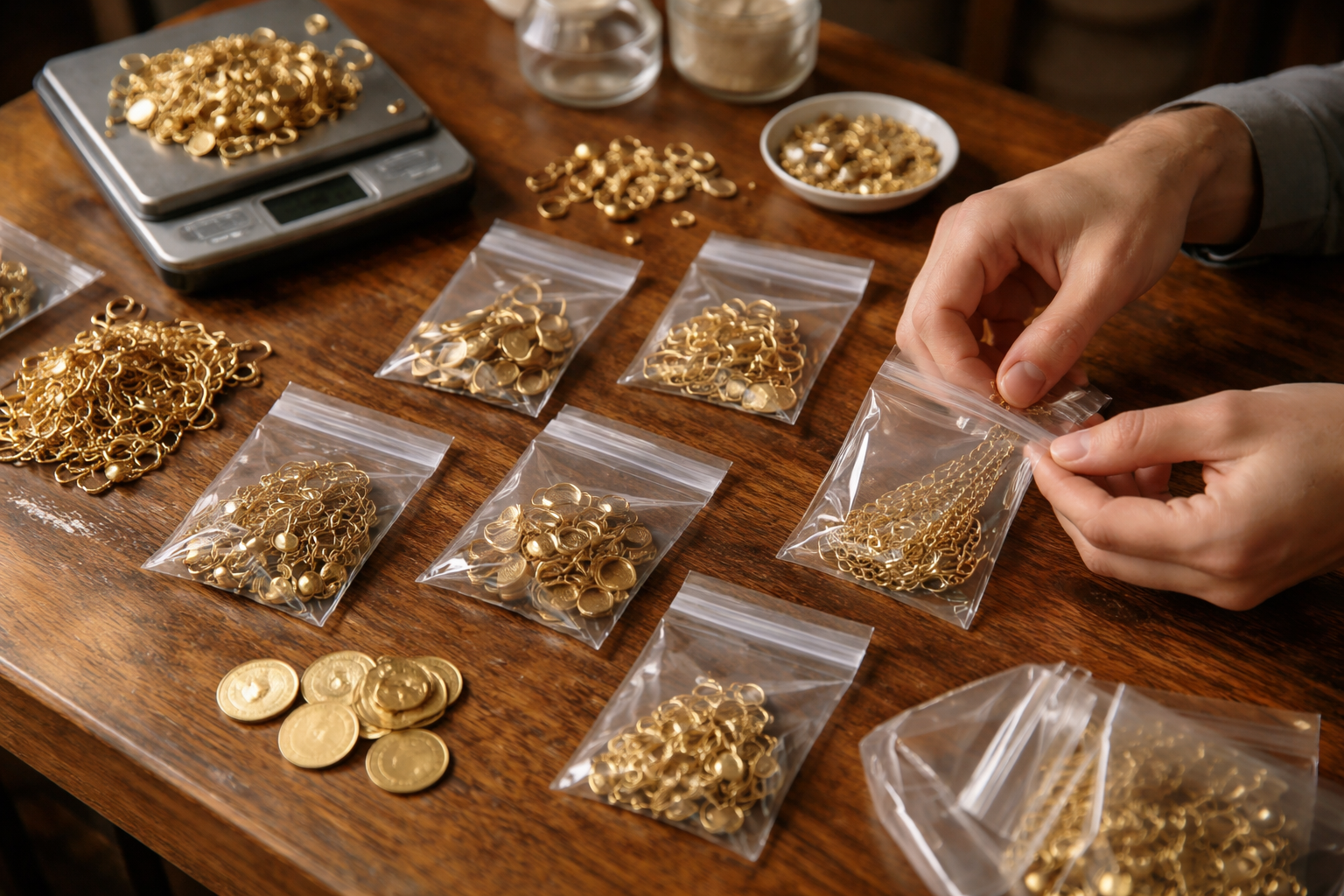 Tabletop sorting of different gold items into small bags
