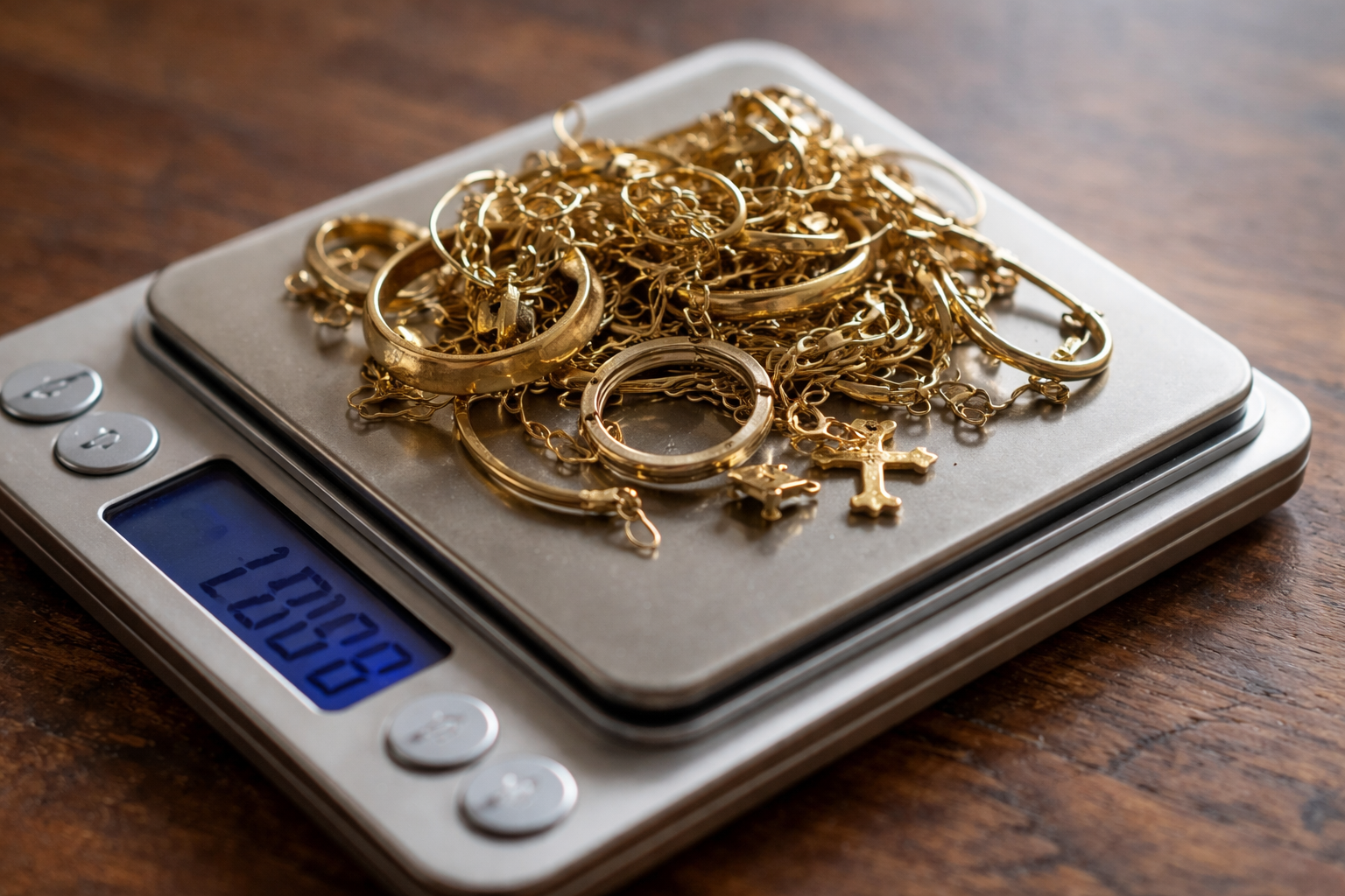 Assorted broken gold jewellery on a digital scale