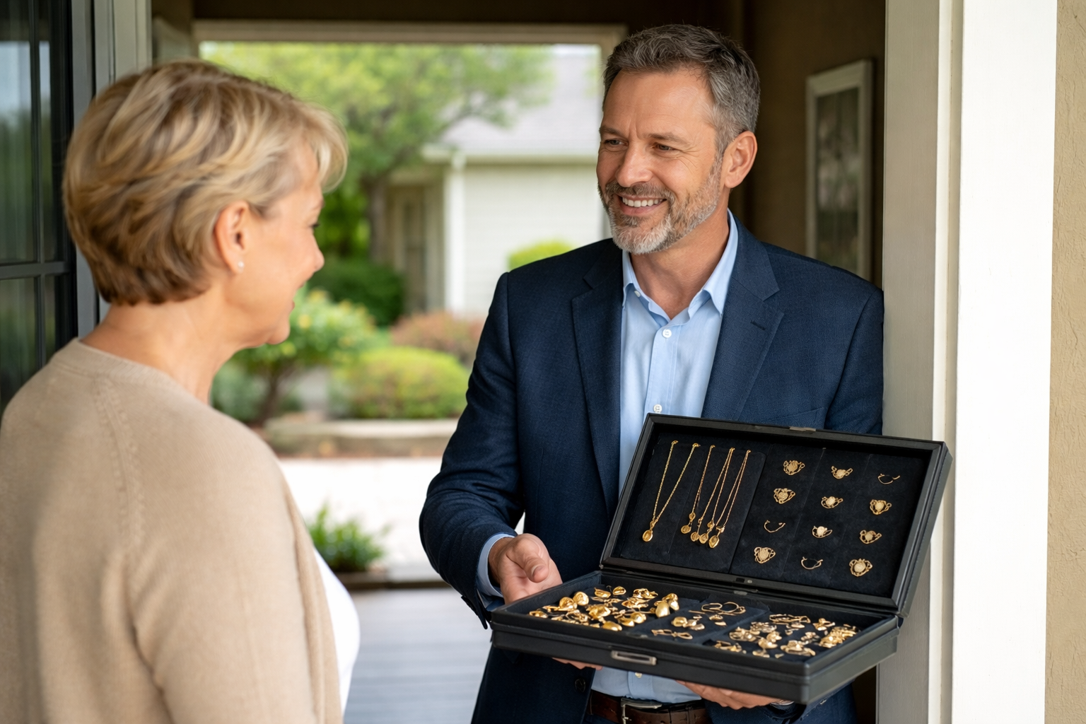Mobile gold buyer meeting a customer at their doorway