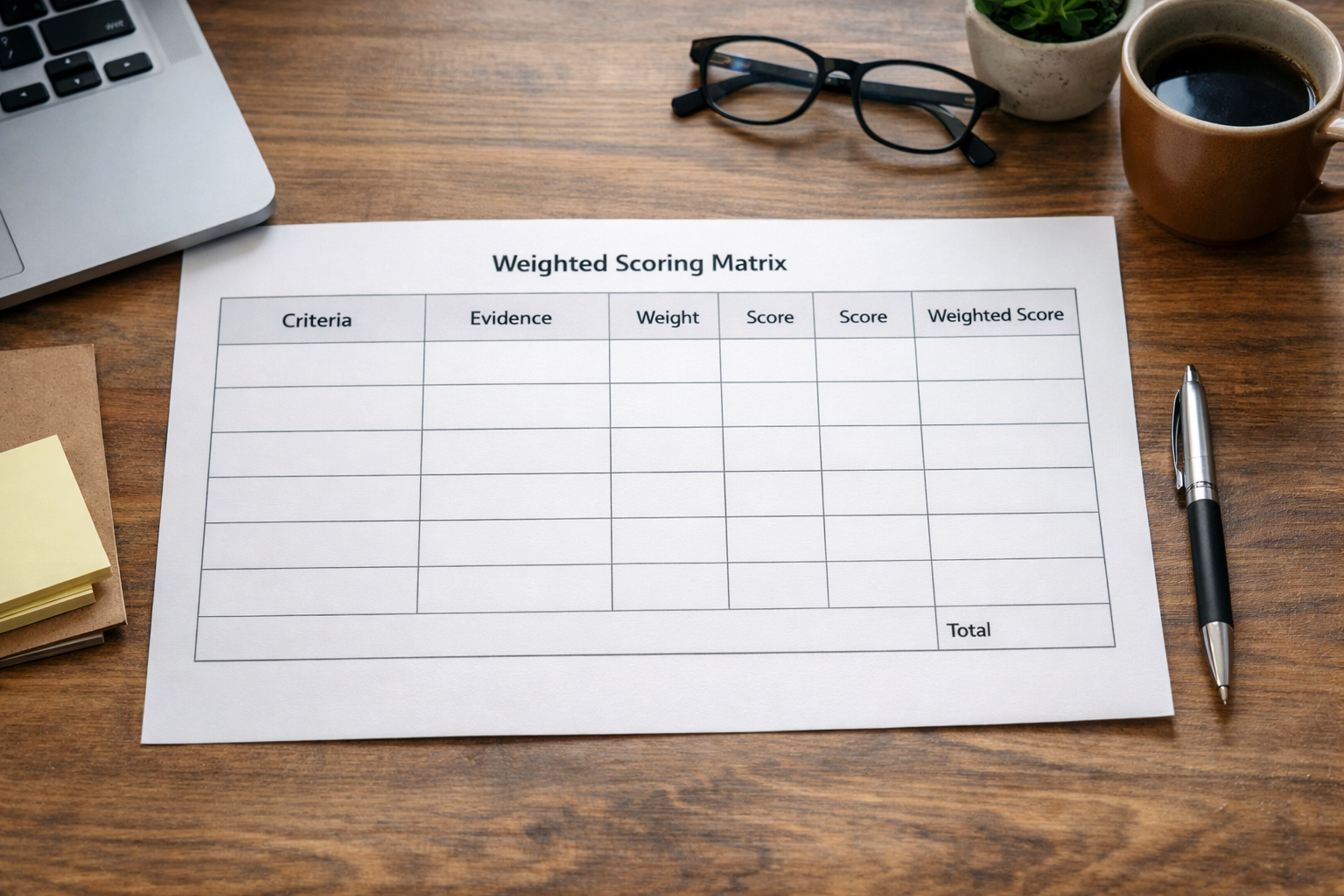 Screenshot-style mockup of a weighted scoring matrix with criteria and evidence columns