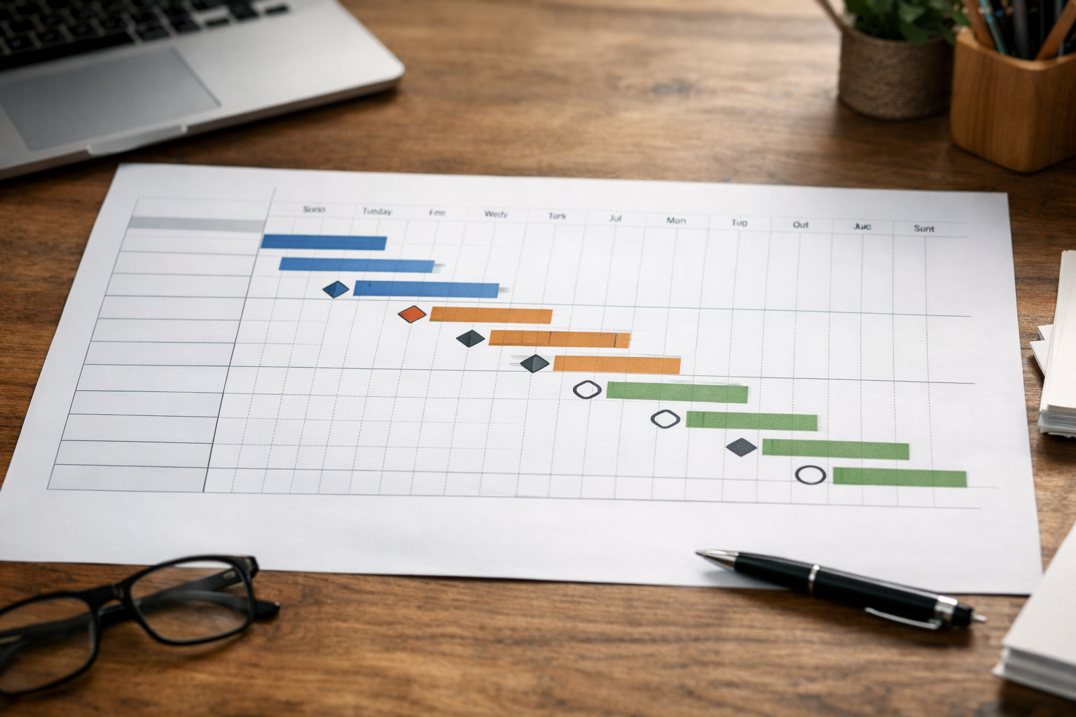 Gantt-style timeline of a tender with key milestones and checkpoints