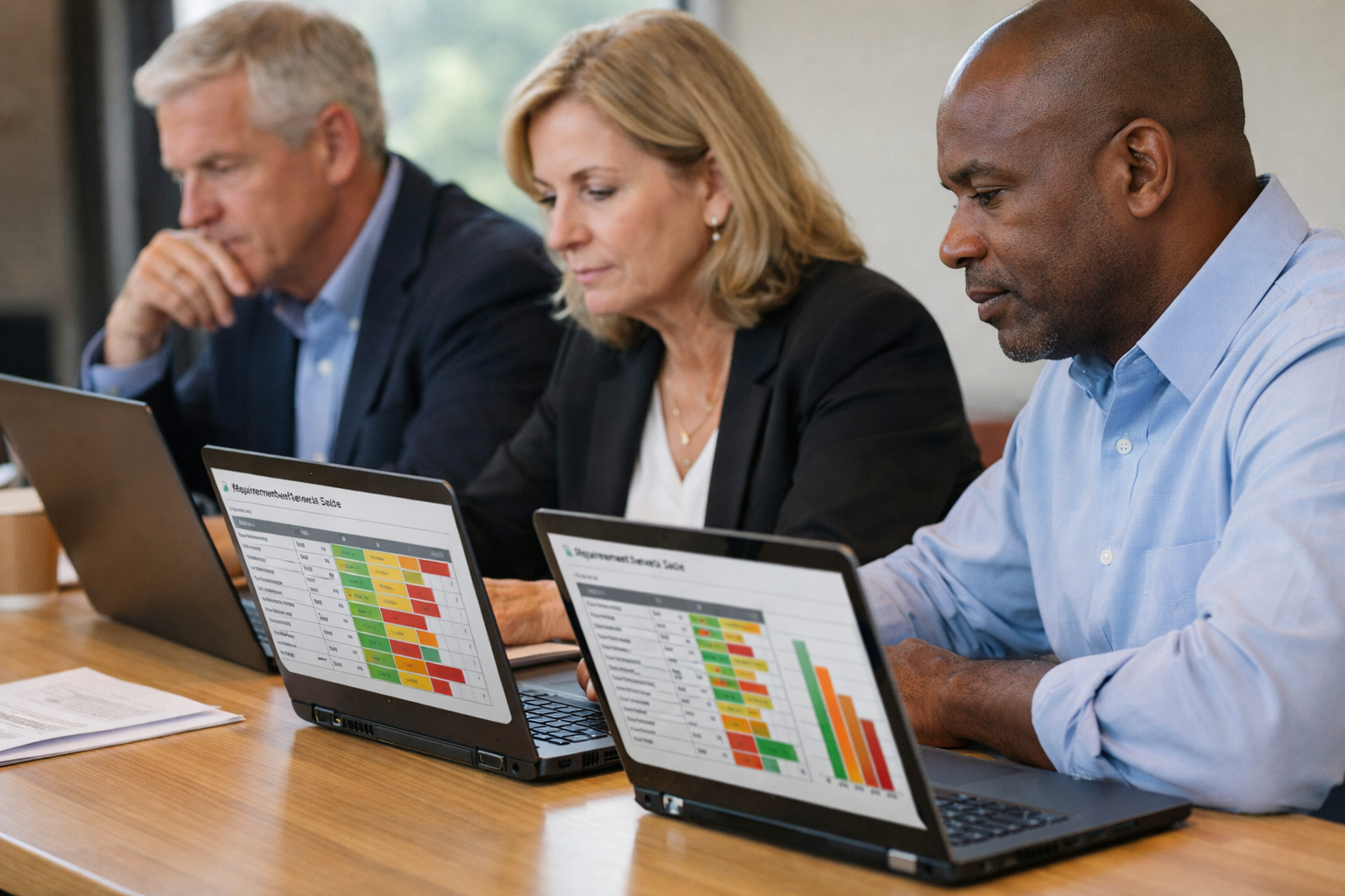 Panel of evaluators reviewing requirement-level scores on laptops