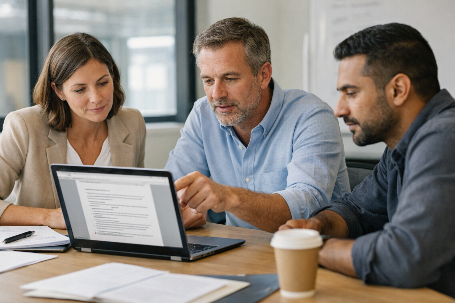A small team reviewing a draft tender brief on a laptop in a meeting room