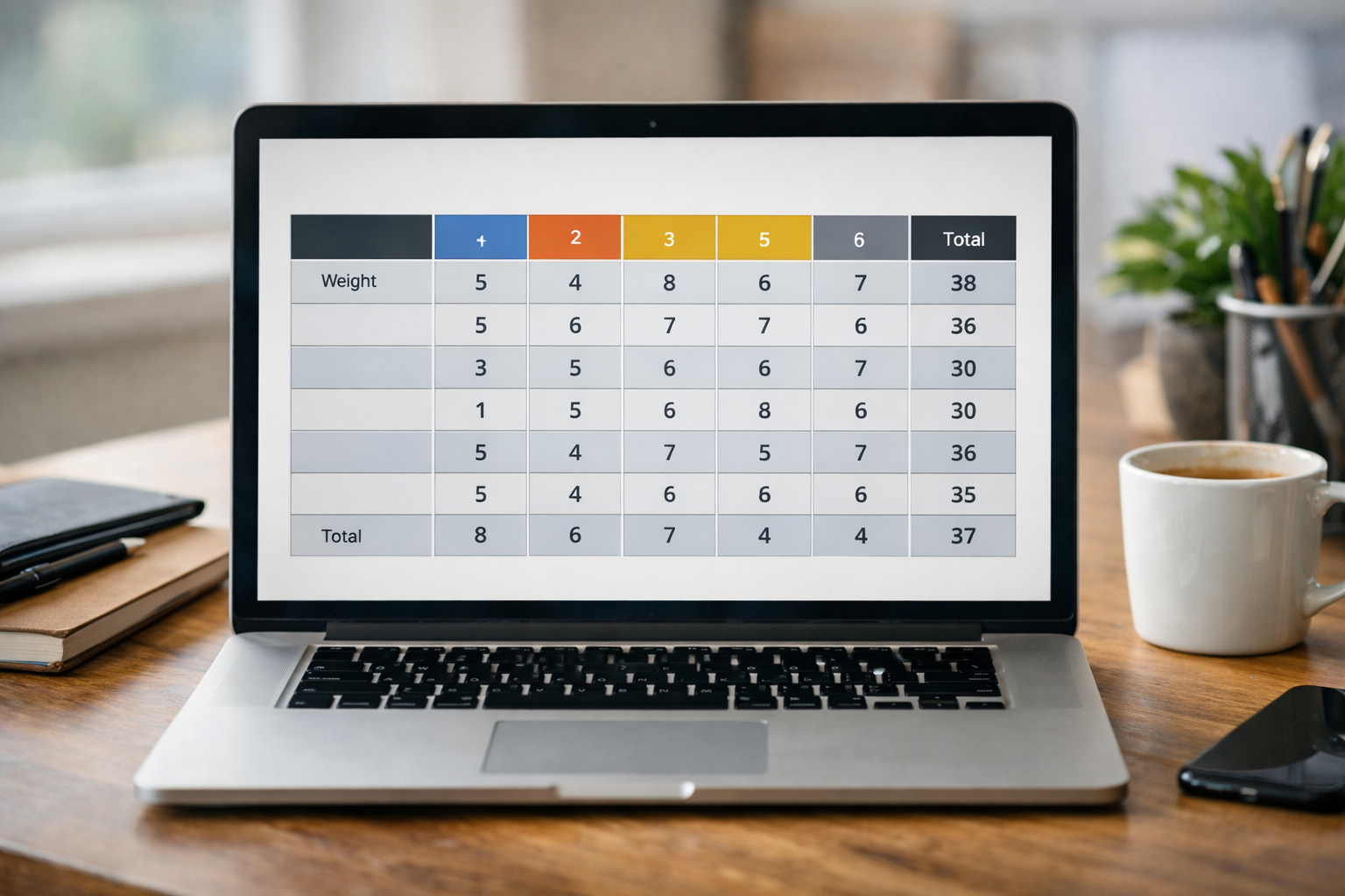 Weighted evaluation matrix displayed on a laptop with categories and scores