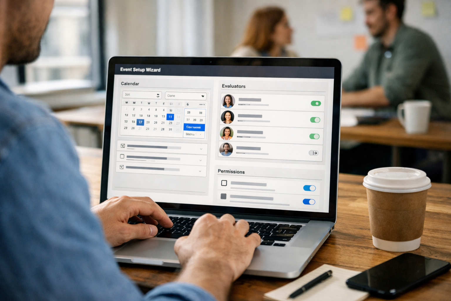 Event setup wizard showing deadlines, evaluators, and permissions