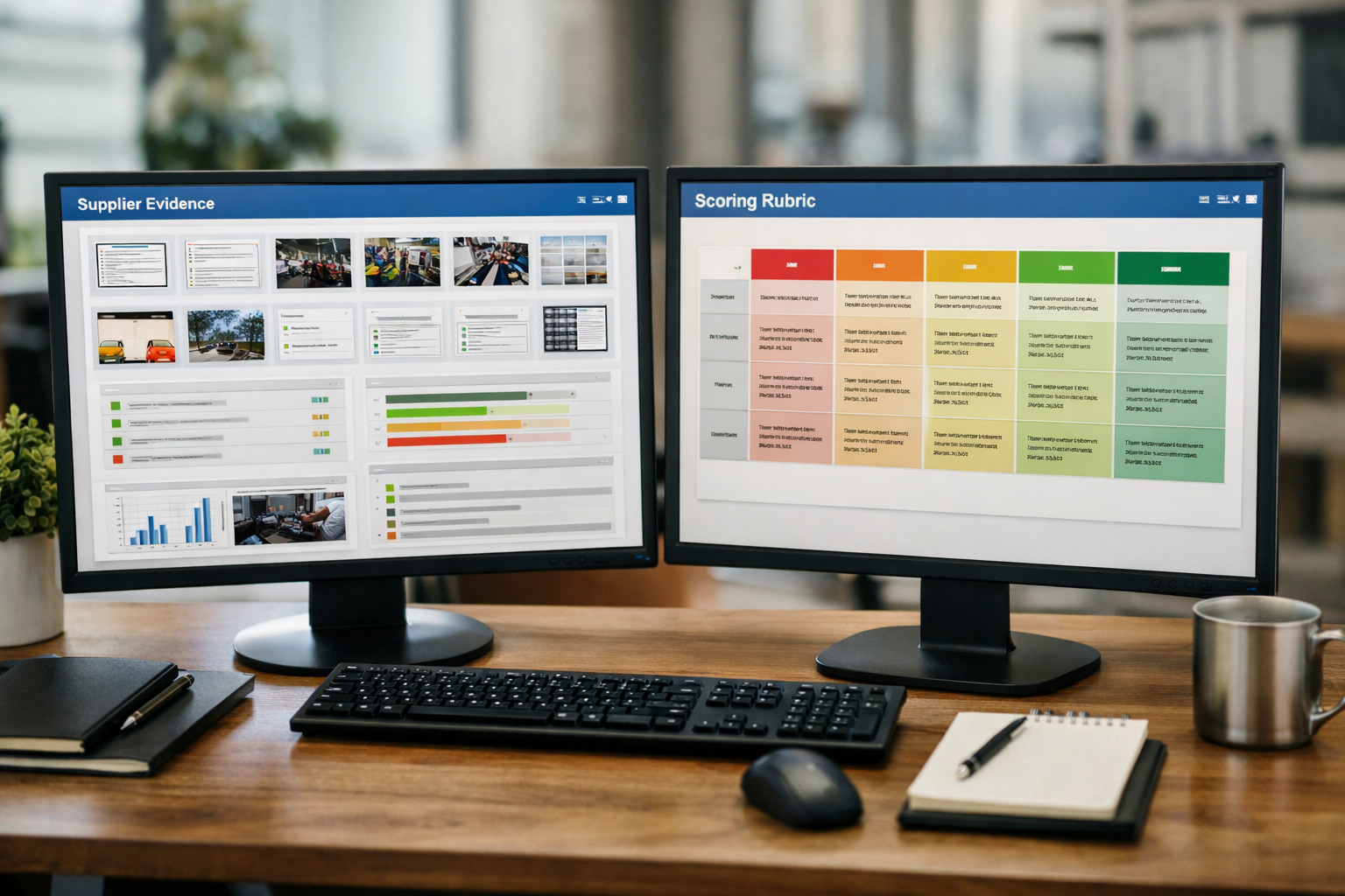 Side-by-side view of supplier evidence and scoring rubric on a dashboard