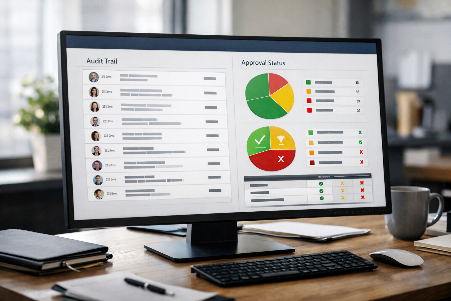 Compliance dashboard showing audit trail and approval status