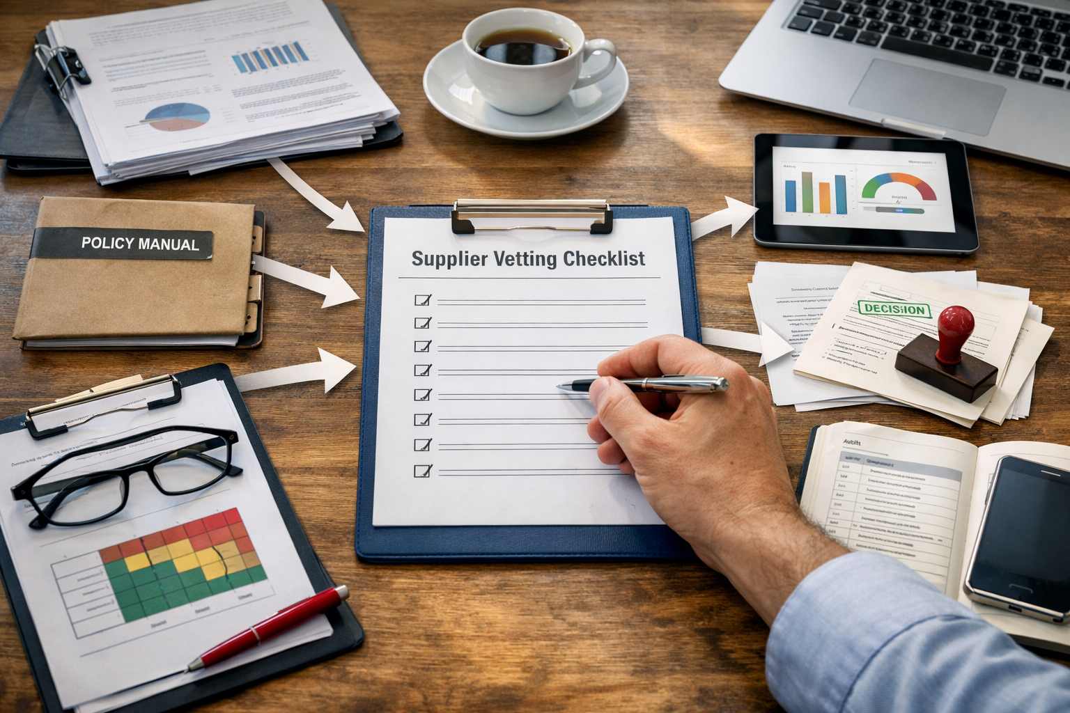 Diagram showing inputs (requirements, policies, risks) flowing into a supplier vetting checklist and outputs (scores, decisions, audit trail)