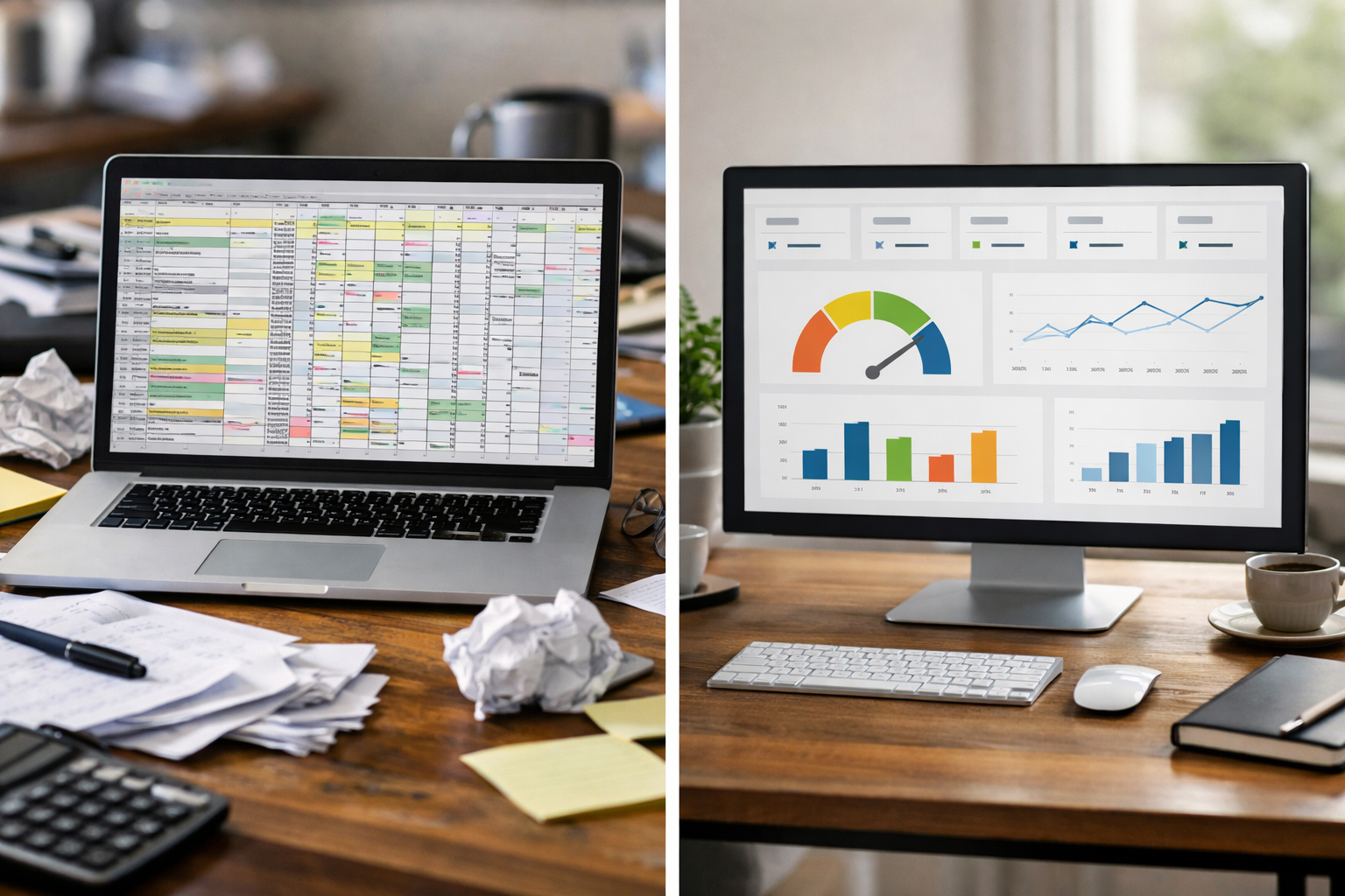 Side-by-side snapshot of a messy spreadsheet vs a clean scoring dashboard