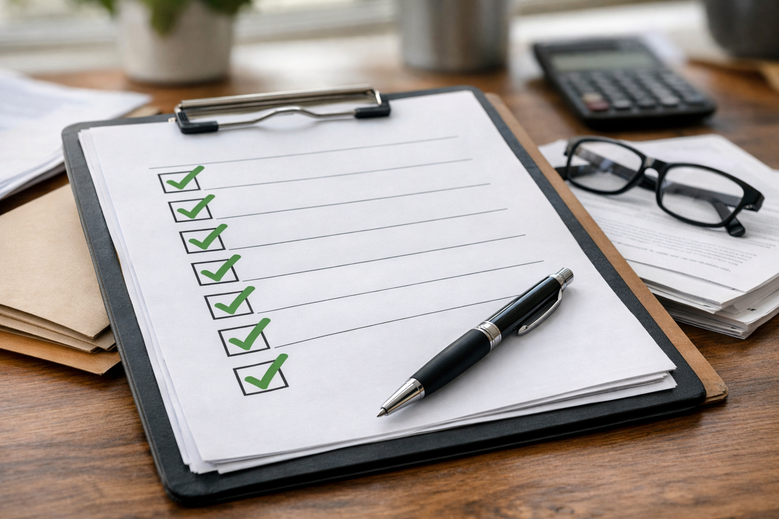 Checklist of compliance documents with green ticks