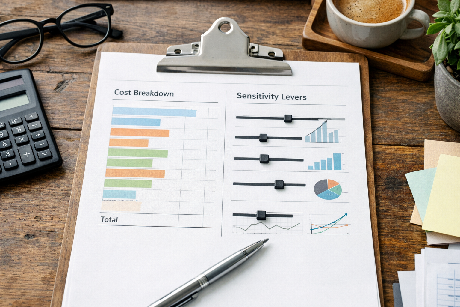 Pricing worksheet with cost breakdown and sensitivity levers