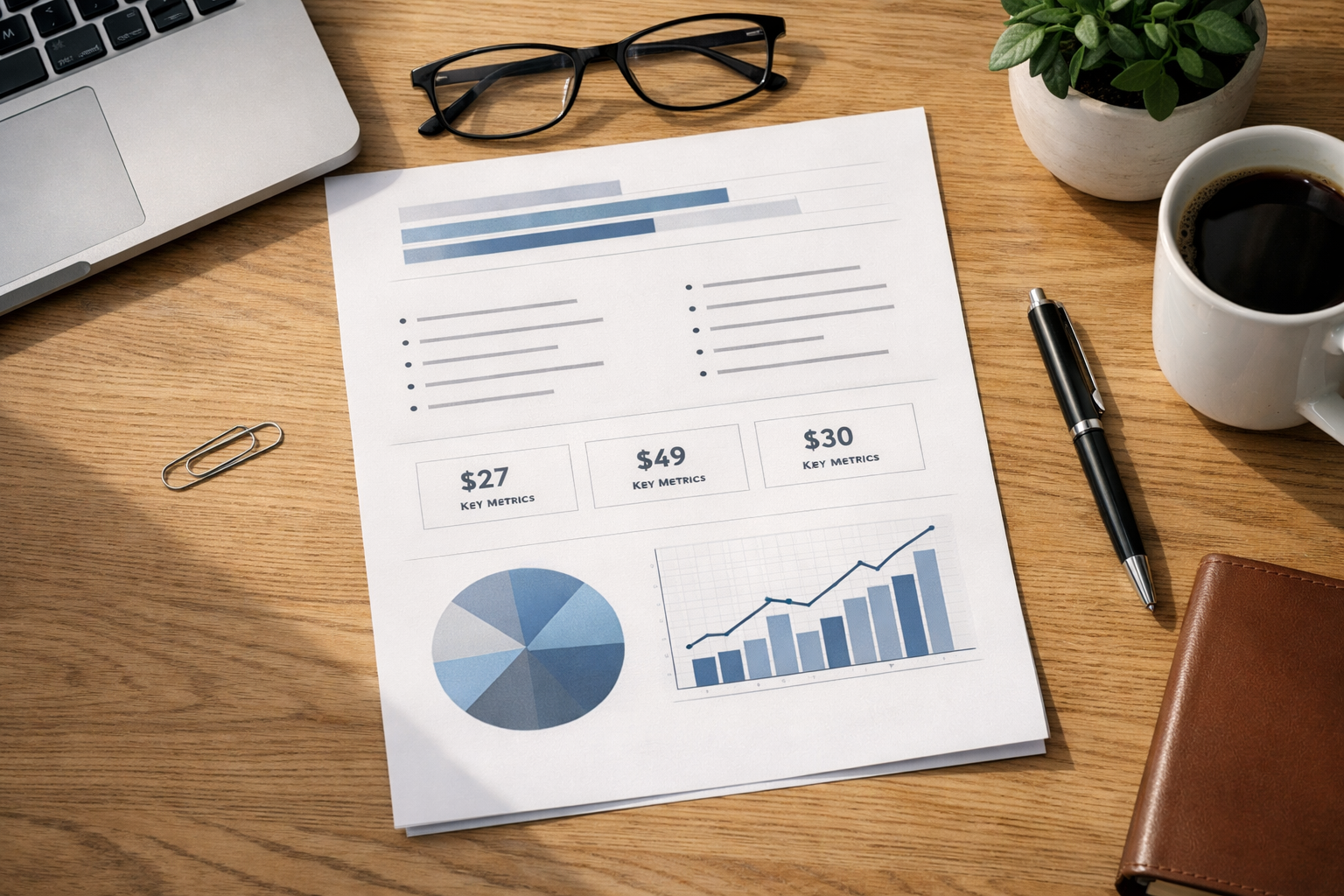 One-page executive summary layout with short bullets and metrics