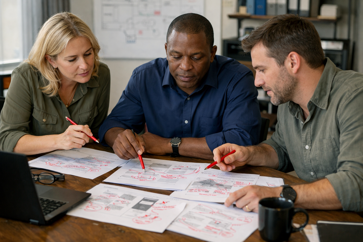 Colleagues conducting a red team review with annotated printouts