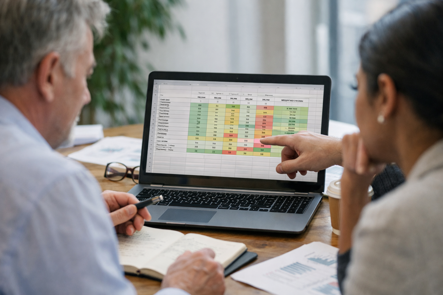 Procurement evaluators reviewing a weighted scoring matrix on a laptop