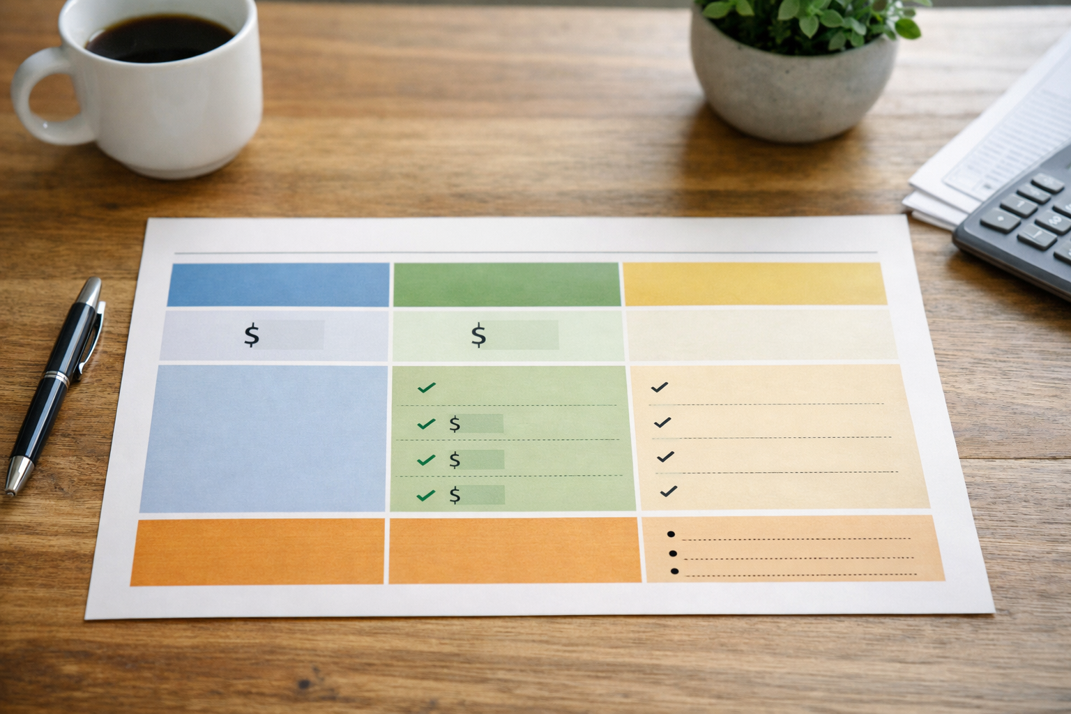 Clear pricing table with base, options and assumptions highlighted