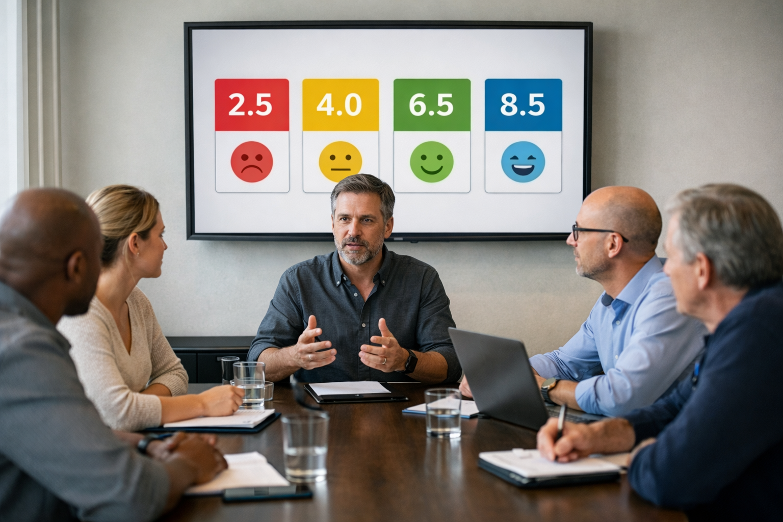 Evaluator moderation meeting with scorecards on screen