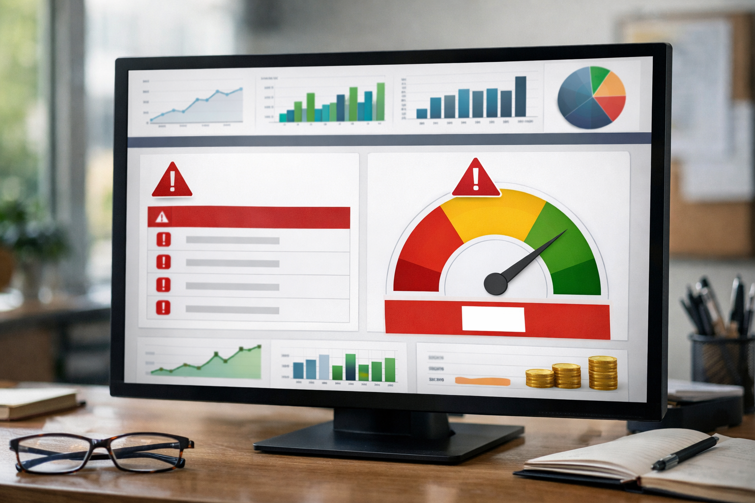 Financial health dashboard showing alerts for filings and credit score