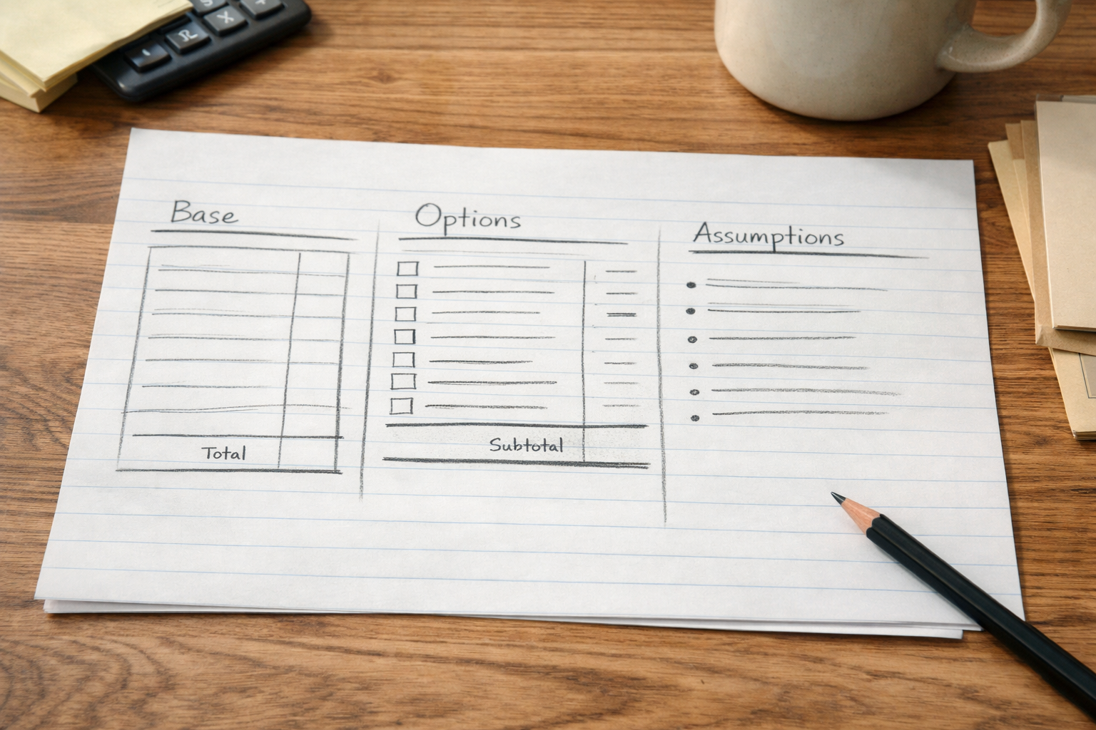 Pricing breakdown table sketch showing base, options, and assumptions