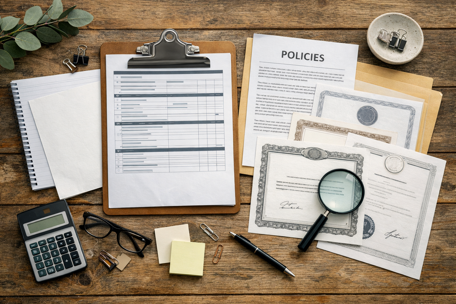 Flat-lay of a supplier vetting checklist pack with policies and certificates