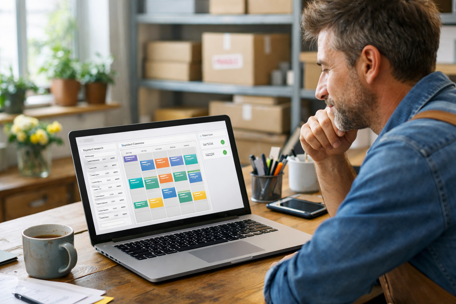 Dashboard view of content optimisation tools with calendar and keyword list