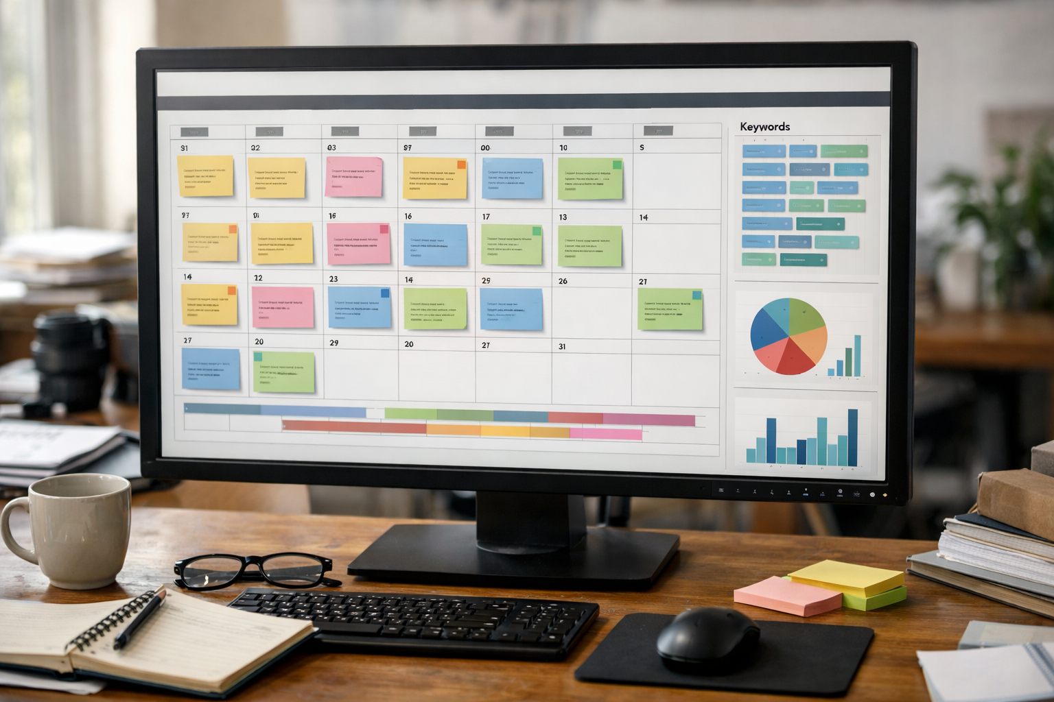 Editor view showing a content calendar with articles scheduled and a keyword panel