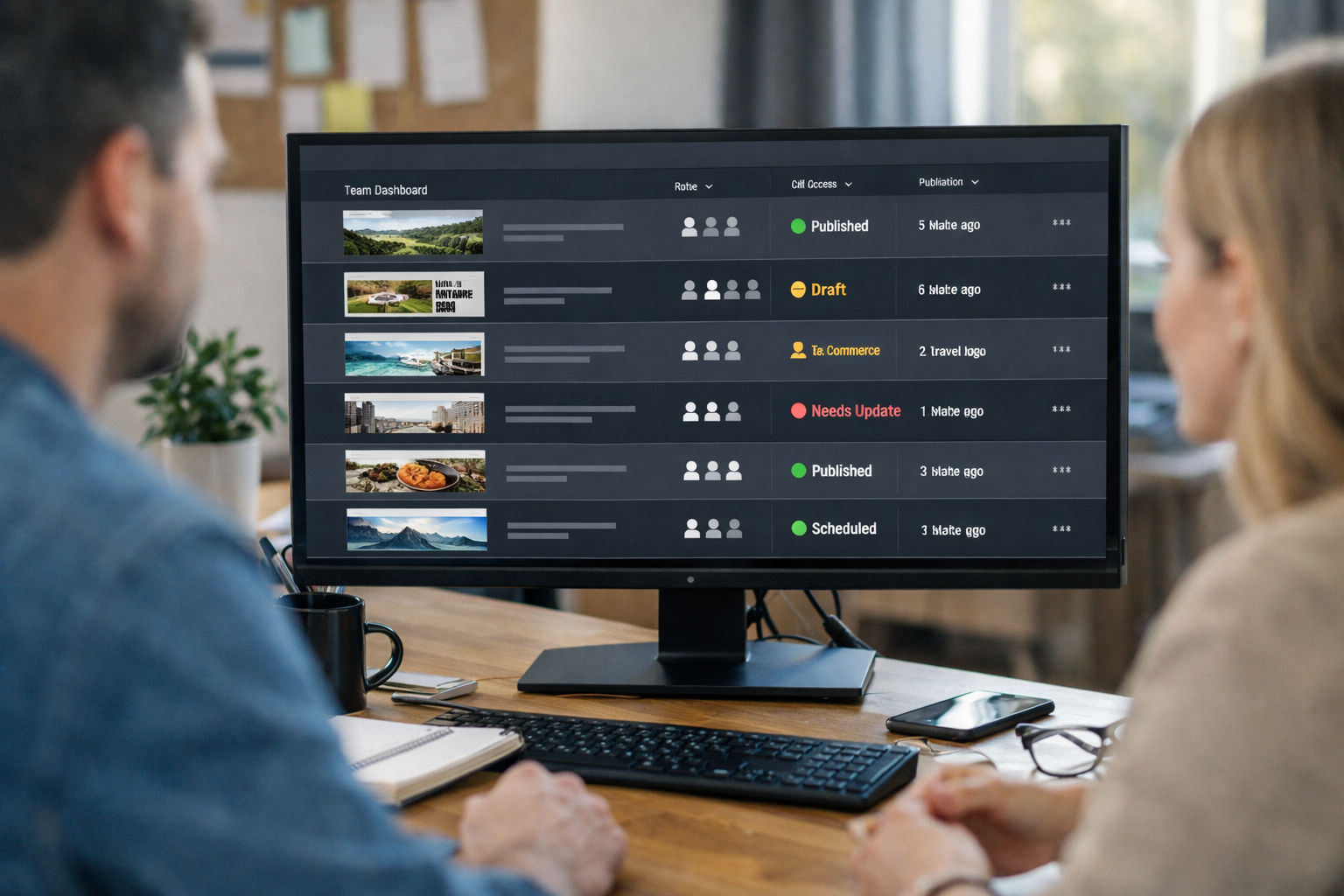 Team dashboard showing multiple websites with role-based access and publishing status