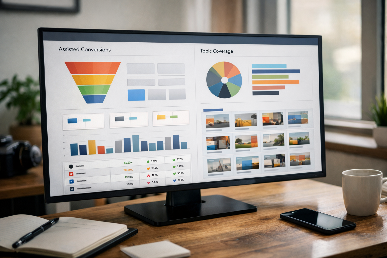 Analytics dashboard mock-up highlighting assisted conversions and topic coverage