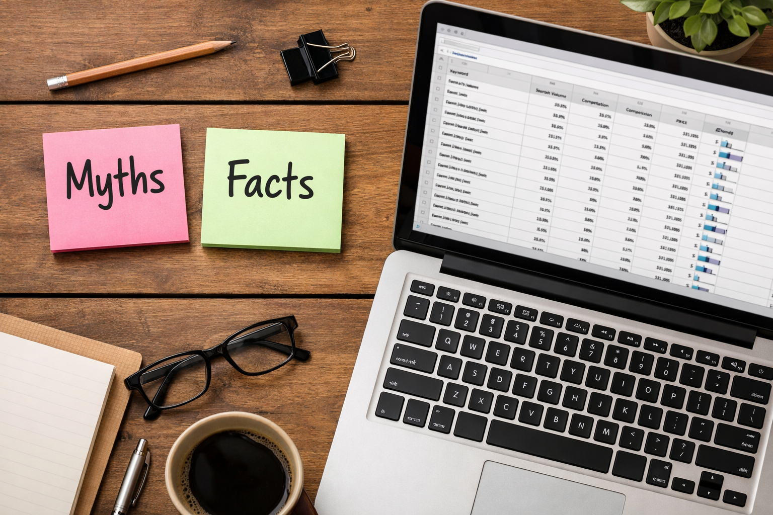 Flat lay of sticky notes labelled myths and facts beside a laptop showing a spreadsheet of keywords