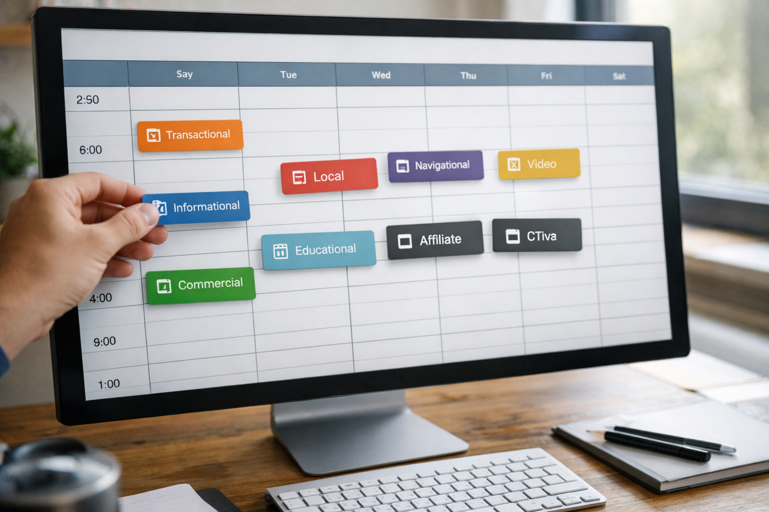 Calendar interface with drag-and-drop content cards labelled by keyword intent and CMS icons