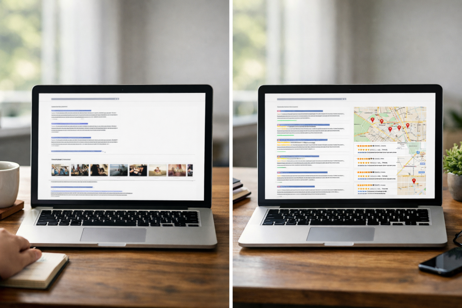 Screenshot-style mock-up of a SERP comparison: high-volume generic vs long-tail local intent