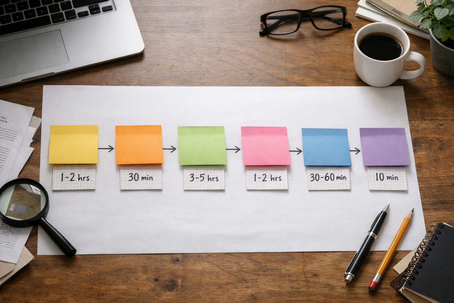 Flowchart of research, briefing, writing, editing, optimisation, publishing with estimated time blocks