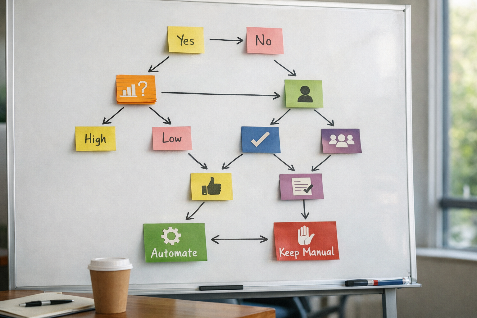 Decision tree showing when to automate vs keep manual based on volume, approvals and brand risk