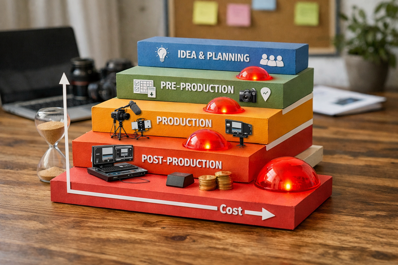 Layered diagram of the content production stages showing time and cost hotspots