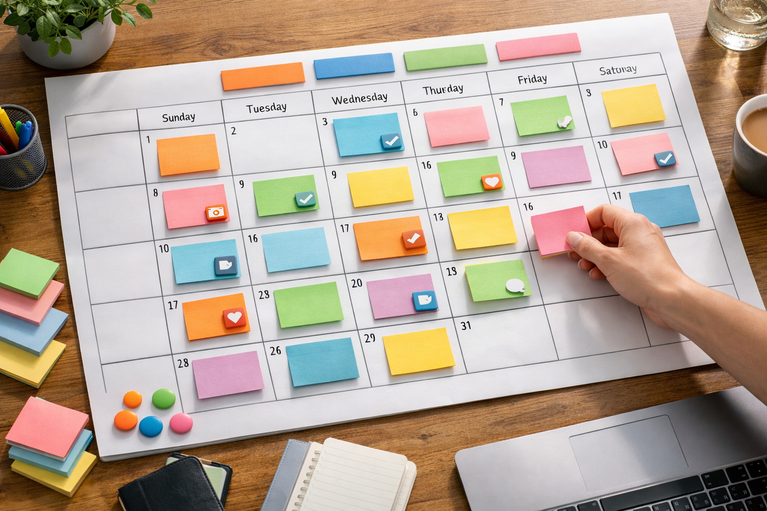Drag-and-drop content calendar with colour-coded categories and scheduled posts