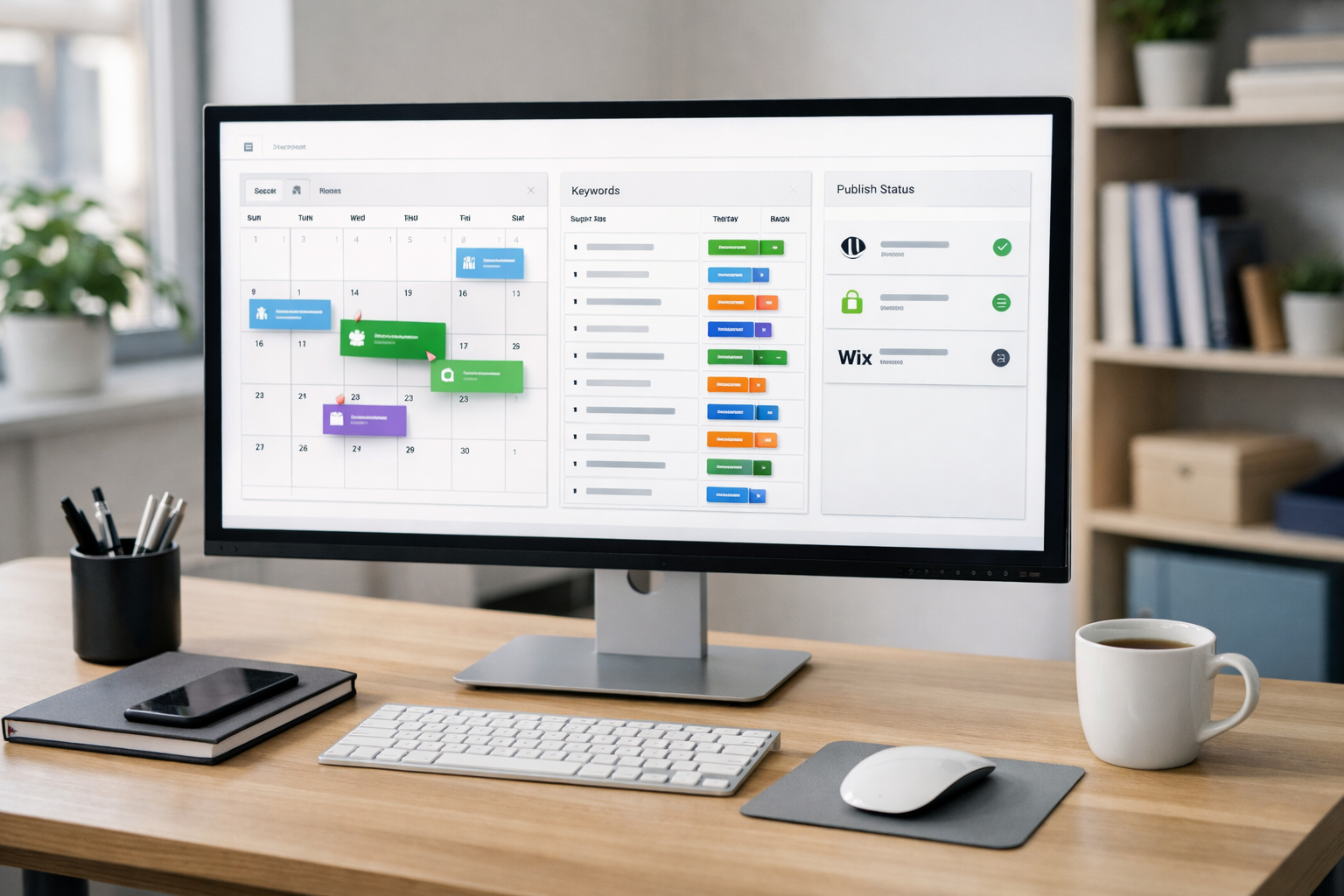 SEO content optimisation dashboard with calendar, keywords and publishing integration