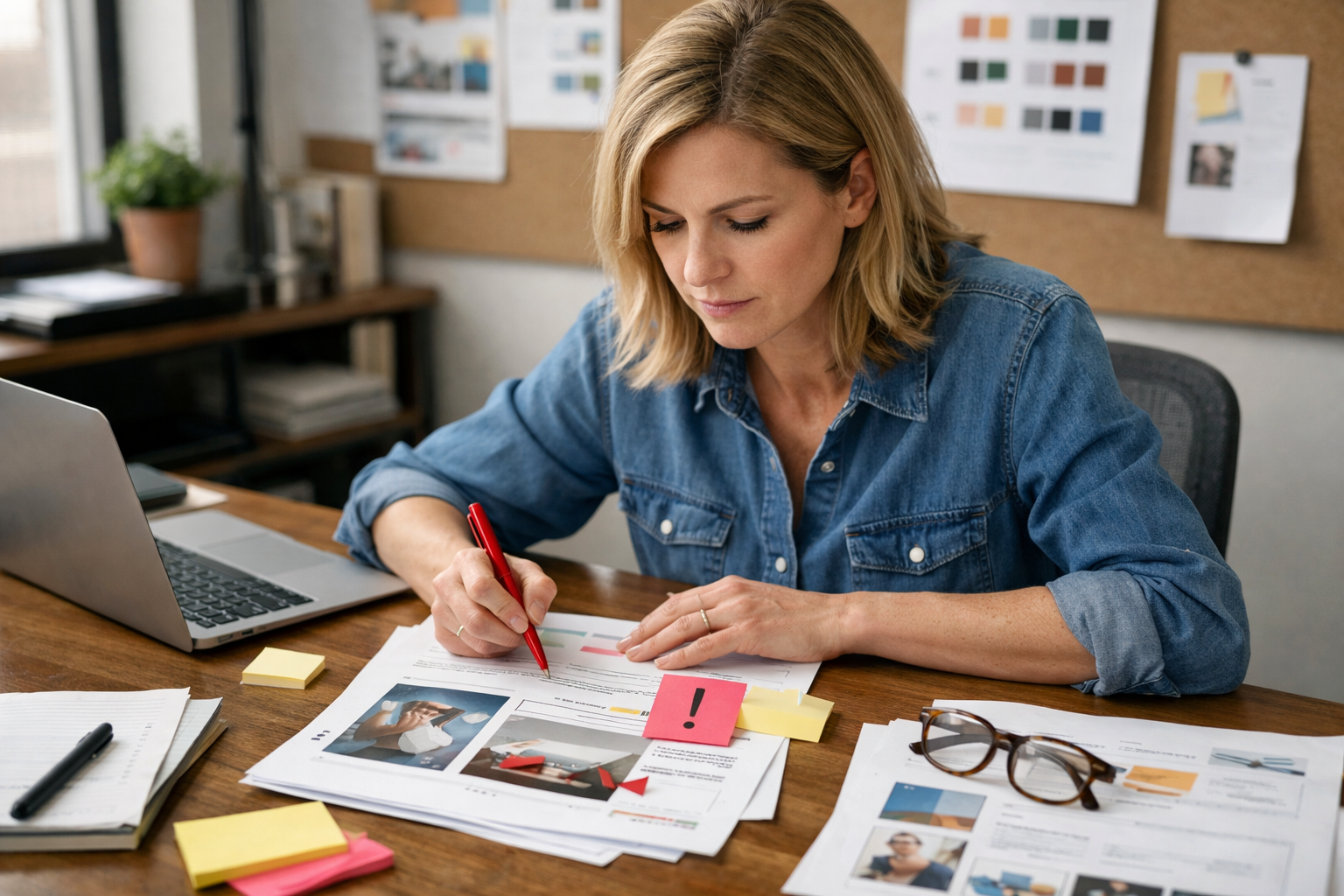 Editor reviewing AI-assisted draft with brand style notes and fact-check flags