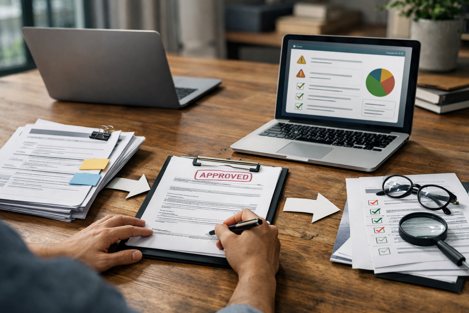 Governance workflow showing brief templates, approvals, and accessibility checks