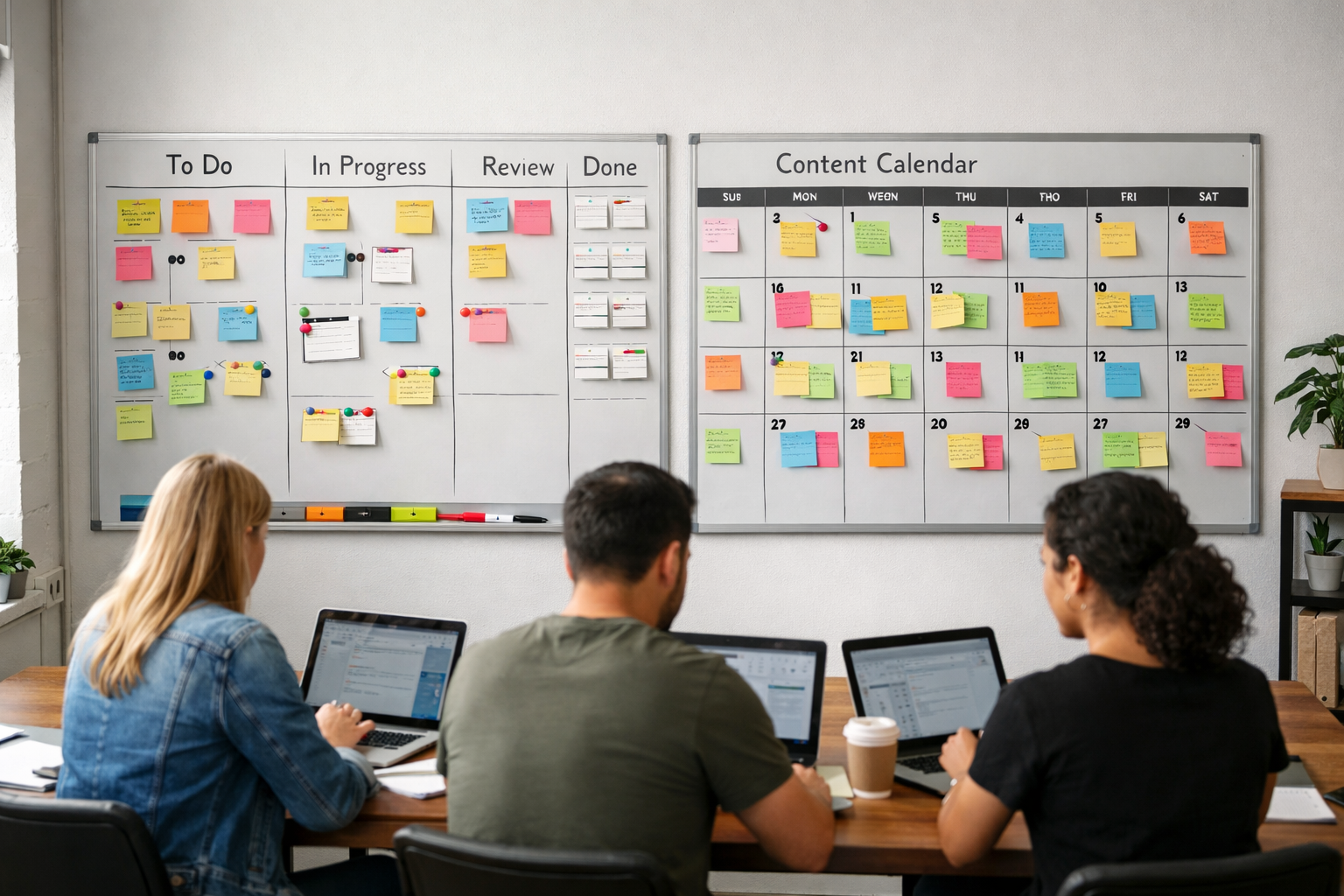 Team kanban board and content calendar aligned across multiple client sites