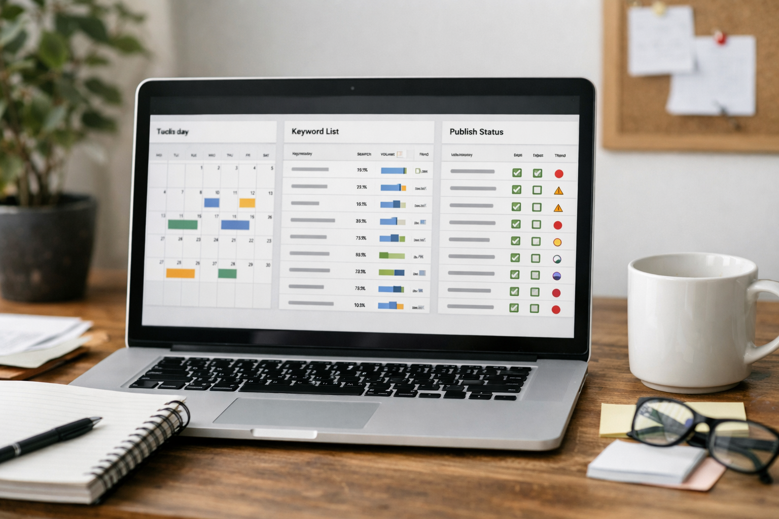 Feature checklist view of an SEO content platform with calendar, keyword list and publish status