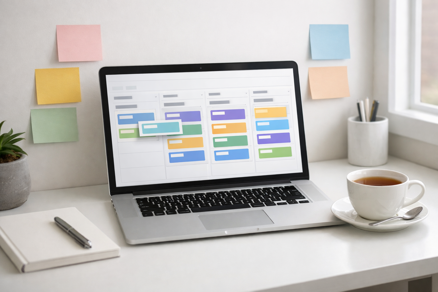 Laptop showing a keyword cluster calendar and publishing schedule.